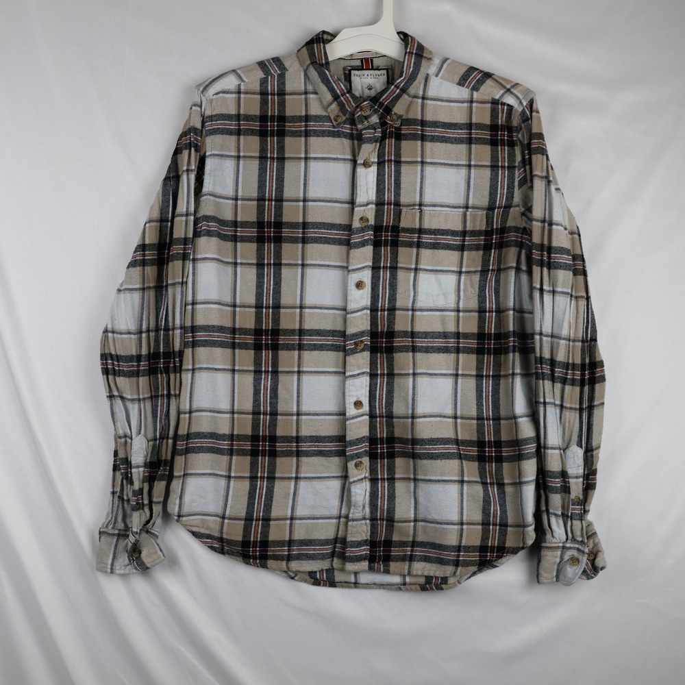 Denim & Flower Flannel Shirt Mens Large Beige Black Plaid Button Up Long Sleeve